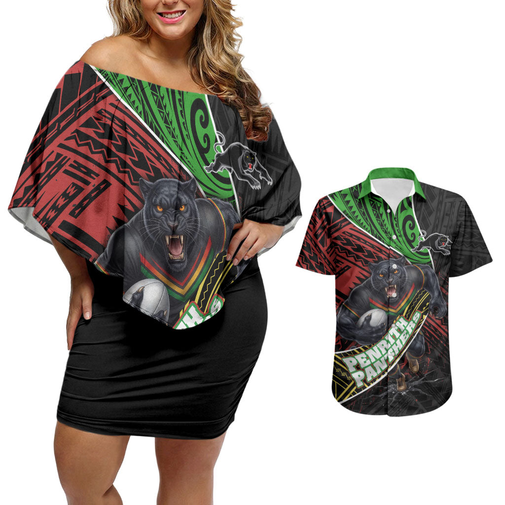Penrith Panthers Rugby Couples Matching Off Shoulder Short Dress and Hawaiian Shirt Tribal Polynesian Power Art - Lightning Mascot