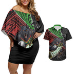 Penrith Panthers Rugby Couples Matching Off Shoulder Short Dress and Hawaiian Shirt Tribal Polynesian Power Art - Lightning Mascot
