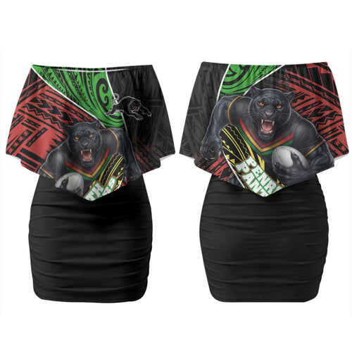 Penrith Panthers Rugby Couples Matching Off Shoulder Short Dress and Hawaiian Shirt Tribal Polynesian Power Art - Lightning Mascot