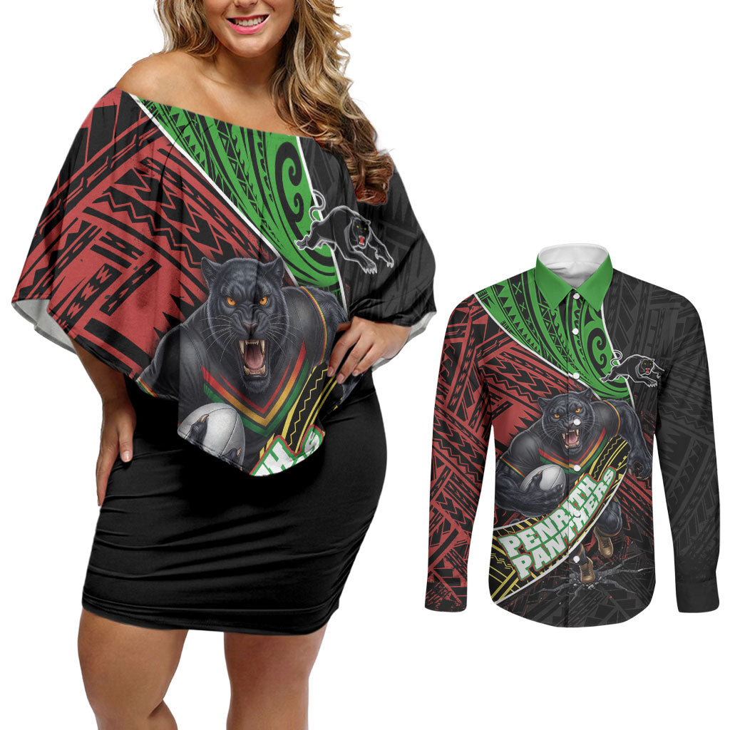 Penrith Panthers Rugby Couples Matching Off Shoulder Short Dress and Long Sleeve Button Shirt Tribal Polynesian Power Art - Lightning Mascot