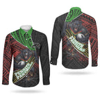Penrith Panthers Rugby Couples Matching Off Shoulder Short Dress and Long Sleeve Button Shirt Tribal Polynesian Power Art - Lightning Mascot