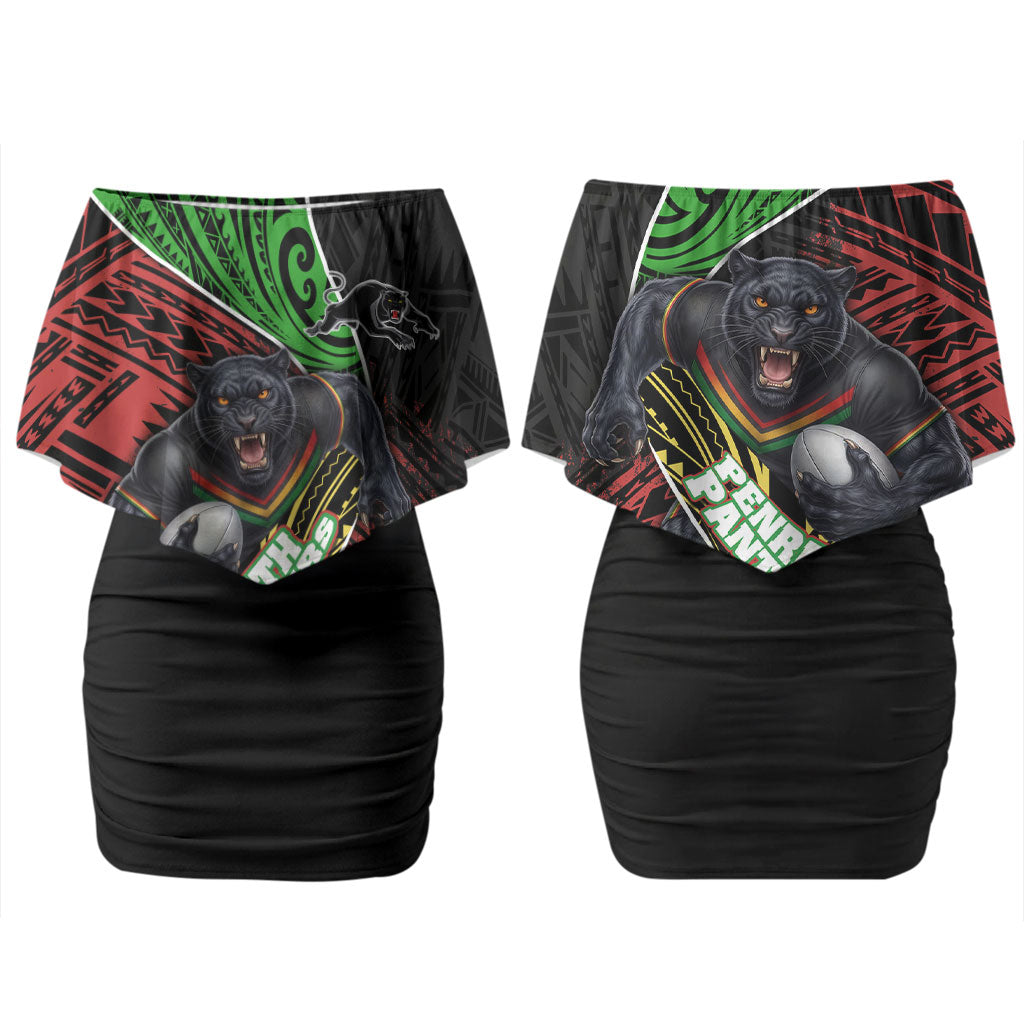 Penrith Panthers Rugby Couples Matching Off Shoulder Short Dress and Long Sleeve Button Shirt Tribal Polynesian Power Art - Lightning Mascot
