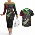 Penrith Panthers Rugby Couples Matching Off The Shoulder Long Sleeve Dress and Hawaiian Shirt Tribal Polynesian Power Art - Lightning Mascot