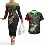 Penrith Panthers Rugby Couples Matching Off The Shoulder Long Sleeve Dress and Hawaiian Shirt Tribal Polynesian Power Art - Lightning Mascot