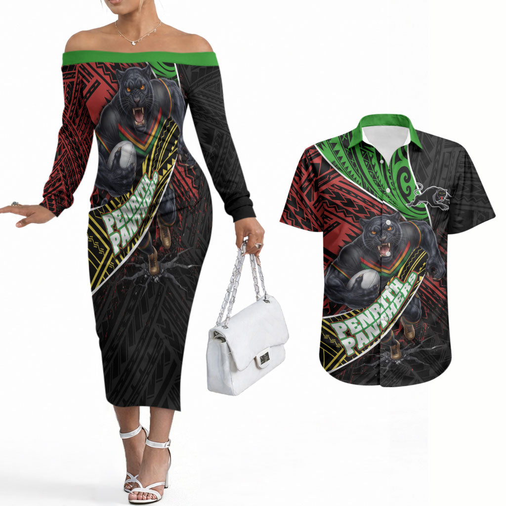 Penrith Panthers Rugby Couples Matching Off The Shoulder Long Sleeve Dress and Hawaiian Shirt Tribal Polynesian Power Art - Lightning Mascot