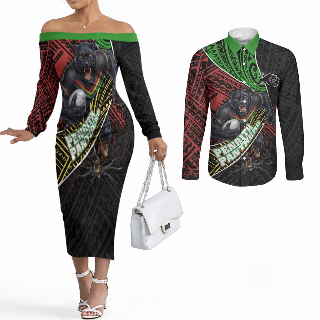 Penrith Panthers Rugby Couples Matching Off The Shoulder Long Sleeve Dress and Long Sleeve Button Shirt Tribal Polynesian Power Art - Lightning Mascot