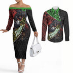 Penrith Panthers Rugby Couples Matching Off The Shoulder Long Sleeve Dress and Long Sleeve Button Shirt Tribal Polynesian Power Art - Lightning Mascot