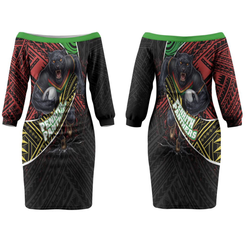 Penrith Panthers Rugby Couples Matching Off The Shoulder Long Sleeve Dress and Long Sleeve Button Shirt Tribal Polynesian Power Art - Lightning Mascot