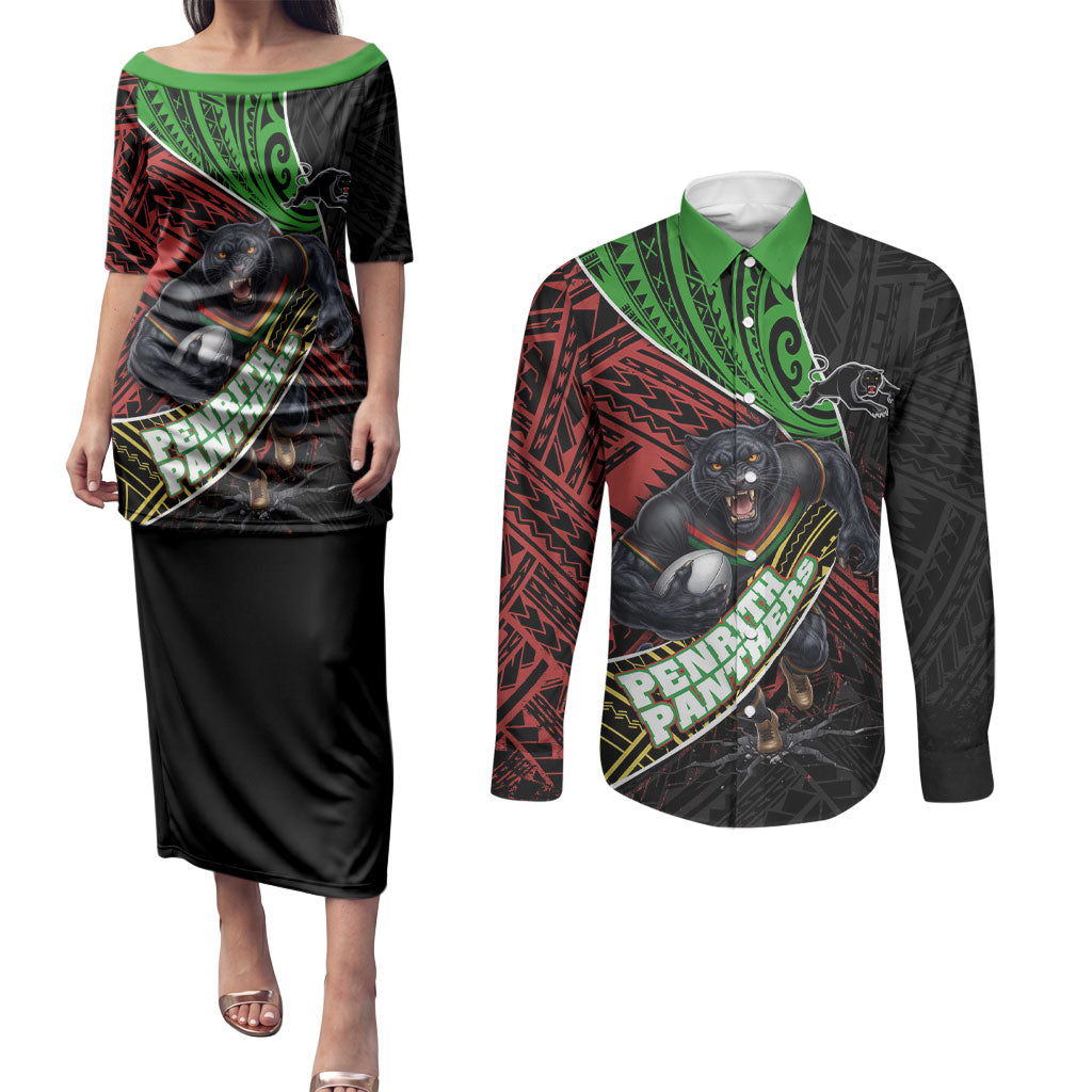 Penrith Panthers Rugby Couples Matching Puletasi and Long Sleeve Button Shirt Tribal Polynesian Power Art - Lightning Mascot
