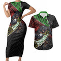 Penrith Panthers Rugby Couples Matching Short Sleeve Bodycon Dress and Hawaiian Shirt Tribal Polynesian Power Art - Lightning Mascot