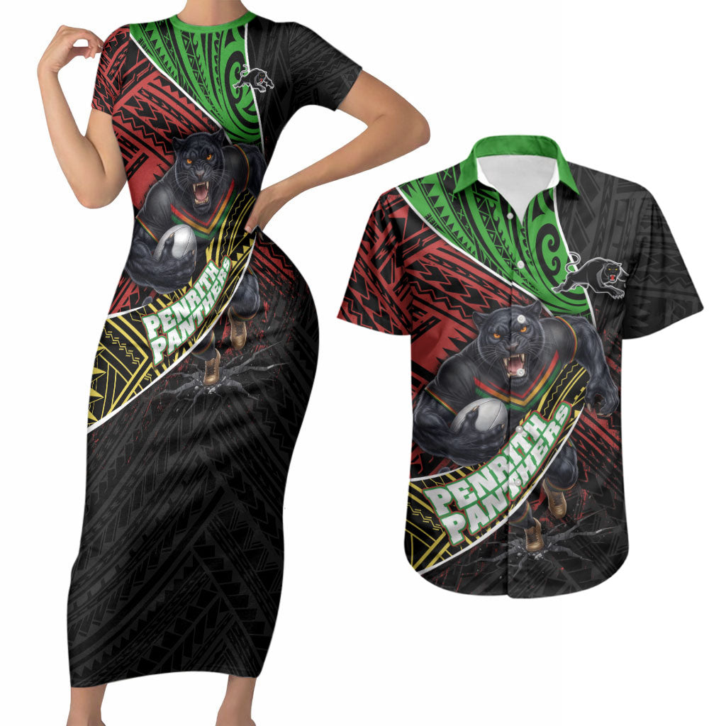 Penrith Panthers Rugby Couples Matching Short Sleeve Bodycon Dress and Hawaiian Shirt Tribal Polynesian Power Art - Lightning Mascot
