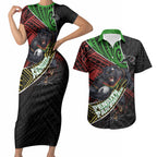 Penrith Panthers Rugby Couples Matching Short Sleeve Bodycon Dress and Hawaiian Shirt Tribal Polynesian Power Art - Lightning Mascot