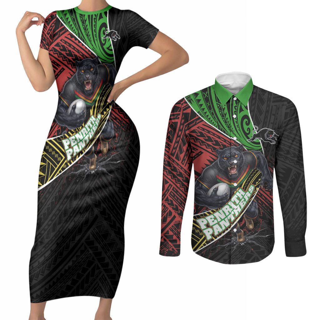 Penrith Panthers Rugby Couples Matching Short Sleeve Bodycon Dress and Long Sleeve Button Shirt Tribal Polynesian Power Art - Lightning Mascot