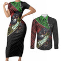 Penrith Panthers Rugby Couples Matching Short Sleeve Bodycon Dress and Long Sleeve Button Shirt Tribal Polynesian Power Art - Lightning Mascot