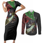 Penrith Panthers Rugby Couples Matching Short Sleeve Bodycon Dress and Long Sleeve Button Shirt Tribal Polynesian Power Art - Lightning Mascot