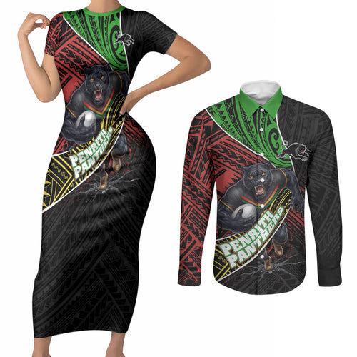 Penrith Panthers Rugby Couples Matching Short Sleeve Bodycon Dress and Long Sleeve Button Shirt Tribal Polynesian Power Art - Lightning Mascot