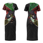 Penrith Panthers Rugby Couples Matching Short Sleeve Bodycon Dress and Long Sleeve Button Shirt Tribal Polynesian Power Art - Lightning Mascot