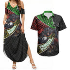 Penrith Panthers Rugby Couples Matching Summer Maxi Dress and Hawaiian Shirt Tribal Polynesian Power Art - Lightning Mascot