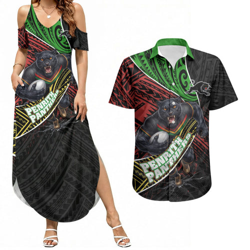 Penrith Panthers Rugby Couples Matching Summer Maxi Dress and Hawaiian Shirt Tribal Polynesian Power Art - Lightning Mascot