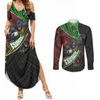 Penrith Panthers Rugby Couples Matching Summer Maxi Dress and Long Sleeve Button Shirt Tribal Polynesian Power Art - Lightning Mascot