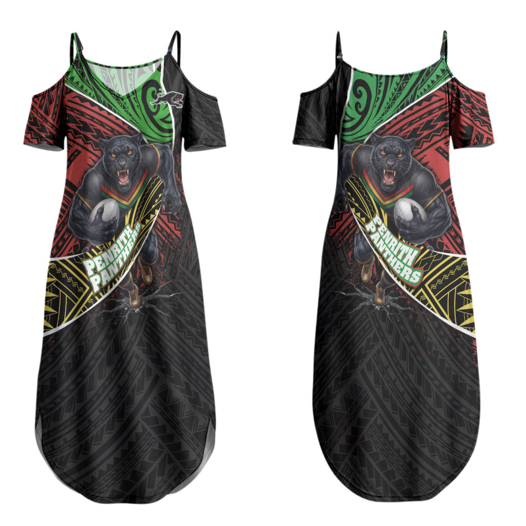Penrith Panthers Rugby Couples Matching Summer Maxi Dress and Long Sleeve Button Shirt Tribal Polynesian Power Art - Lightning Mascot