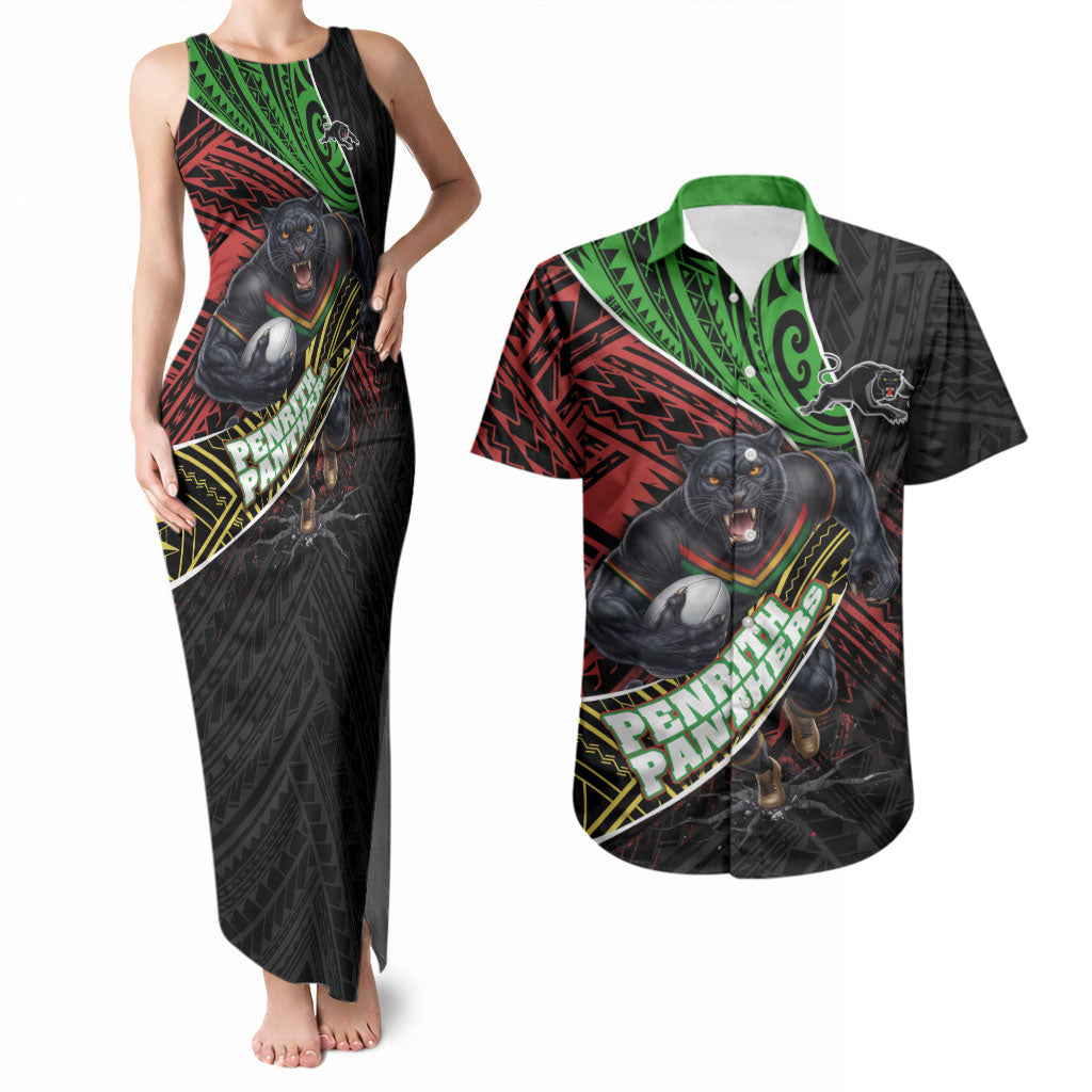 Penrith Panthers Rugby Couples Matching Tank Maxi Dress and Hawaiian Shirt Tribal Polynesian Power Art - Lightning Mascot