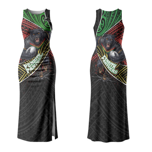 Penrith Panthers Rugby Couples Matching Tank Maxi Dress and Hawaiian Shirt Tribal Polynesian Power Art - Lightning Mascot