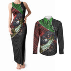 Penrith Panthers Rugby Couples Matching Tank Maxi Dress and Long Sleeve Button Shirt Tribal Polynesian Power Art - Lightning Mascot