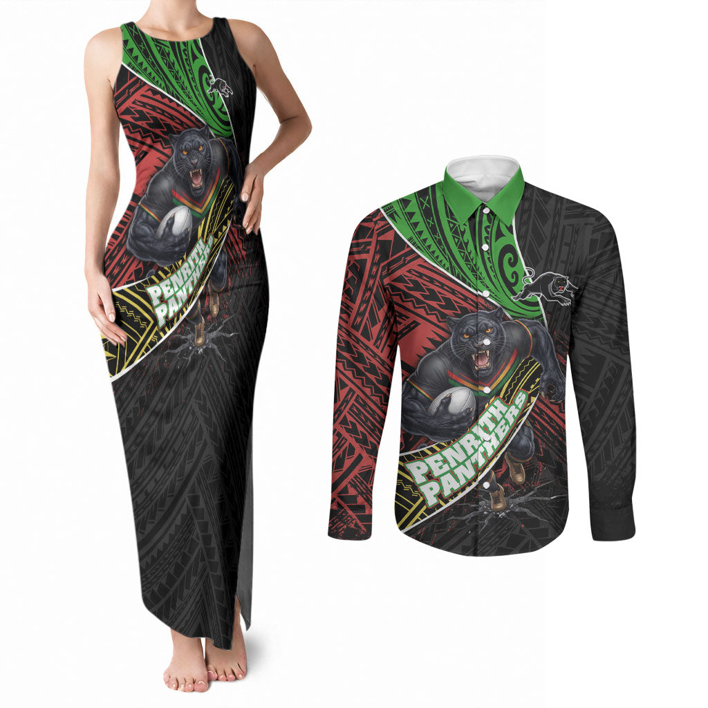 Penrith Panthers Rugby Couples Matching Tank Maxi Dress and Long Sleeve Button Shirt Tribal Polynesian Power Art - Lightning Mascot