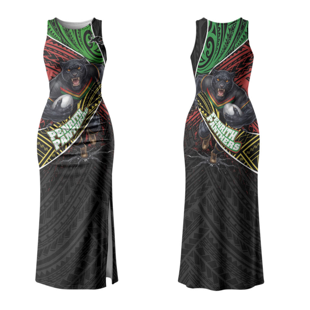 Penrith Panthers Rugby Couples Matching Tank Maxi Dress and Long Sleeve Button Shirt Tribal Polynesian Power Art - Lightning Mascot