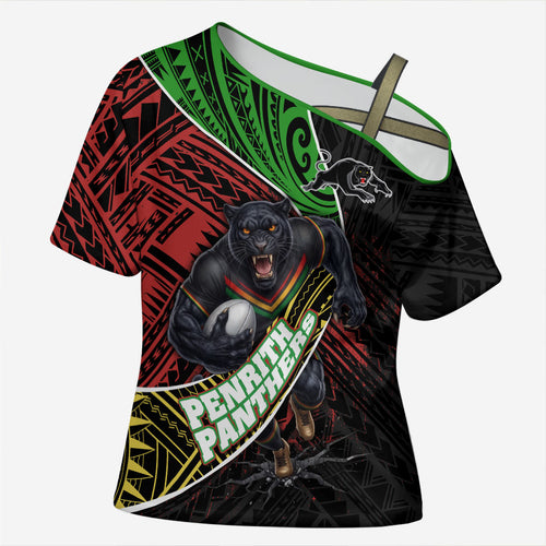Penrith Panthers Rugby Cross Shoulder Shirt Tribal Polynesian Power Art - Lightning Mascot