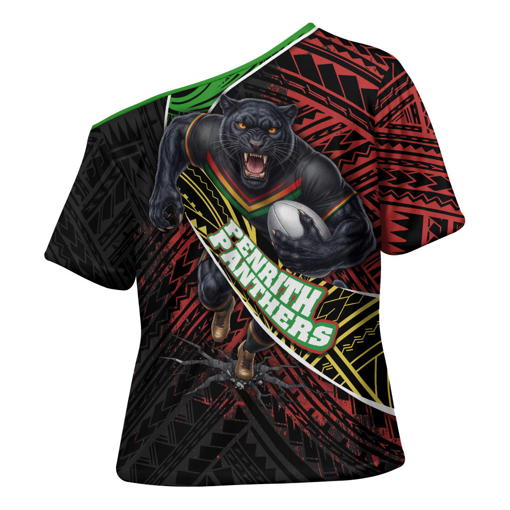 Penrith Panthers Rugby Cross Shoulder Shirt Tribal Polynesian Power Art - Lightning Mascot