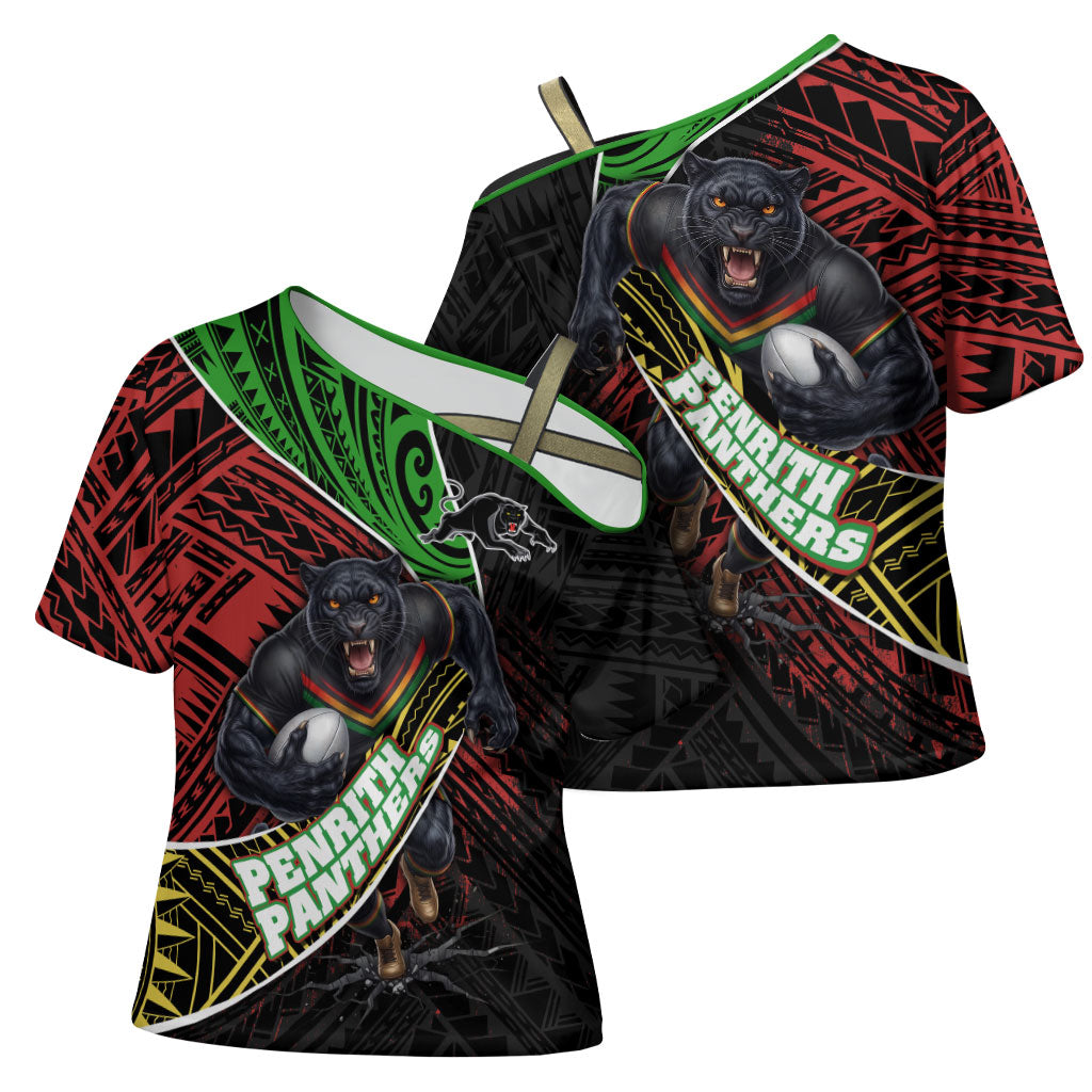 Penrith Panthers Rugby Cross Shoulder Shirt Tribal Polynesian Power Art - Lightning Mascot
