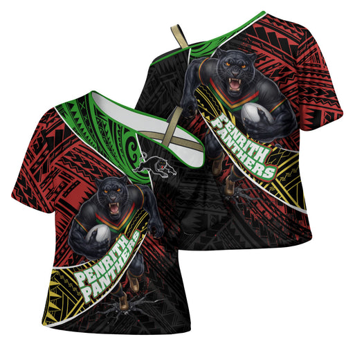 Penrith Panthers Rugby Cross Shoulder Shirt Tribal Polynesian Power Art - Lightning Mascot