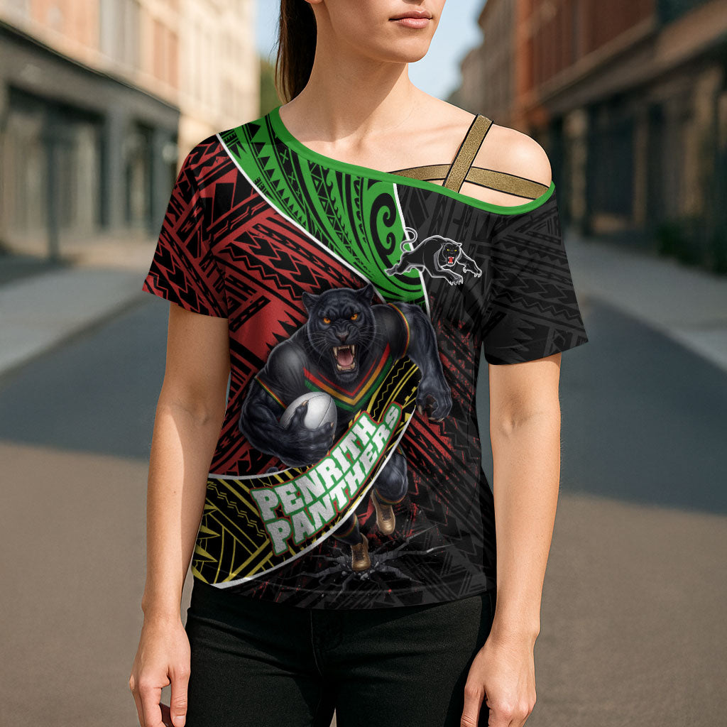 Penrith Panthers Rugby Cross Shoulder Shirt Tribal Polynesian Power Art - Lightning Mascot