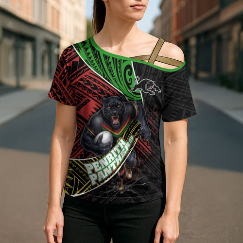 Penrith Panthers Rugby Cross Shoulder Shirt Tribal Polynesian Power Art - Lightning Mascot