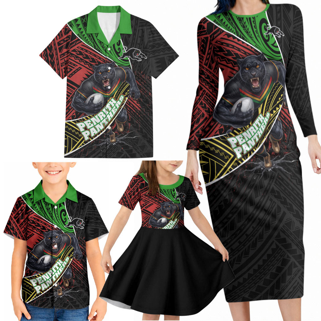 Penrith Panthers Rugby Family Matching Long Sleeve Bodycon Dress and Hawaiian Shirt Tribal Polynesian Power Art - Lightning Mascot