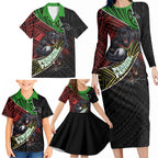 Penrith Panthers Rugby Family Matching Long Sleeve Bodycon Dress and Hawaiian Shirt Tribal Polynesian Power Art - Lightning Mascot