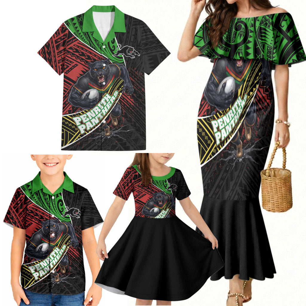 Penrith Panthers Rugby Family Matching Mermaid Dress and Hawaiian Shirt Tribal Polynesian Power Art - Lightning Mascot