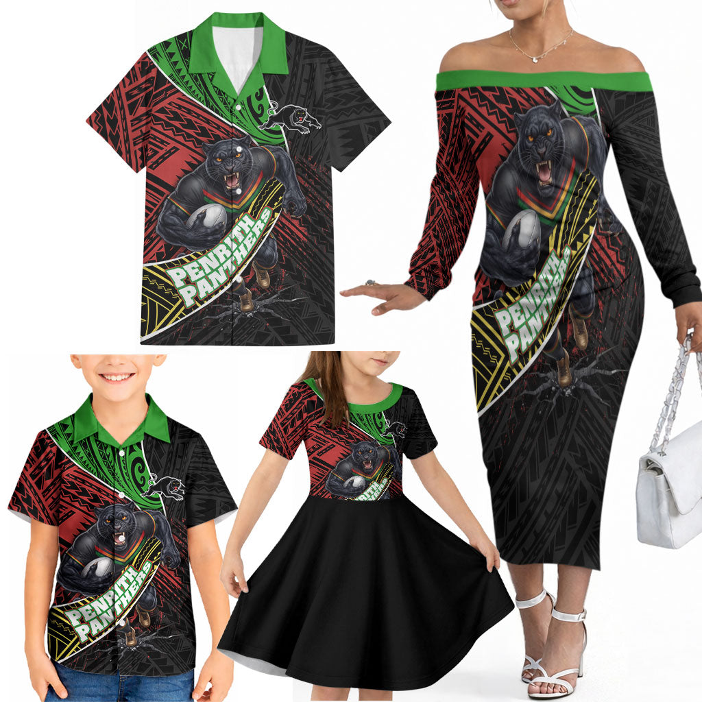 Penrith Panthers Rugby Family Matching Off The Shoulder Long Sleeve Dress and Hawaiian Shirt Tribal Polynesian Power Art - Lightning Mascot