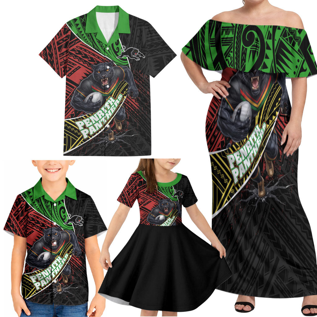 Penrith Panthers Rugby Family Matching Off Shoulder Maxi Dress and Hawaiian Shirt Tribal Polynesian Power Art - Lightning Mascot
