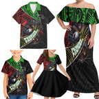 Penrith Panthers Rugby Family Matching Off Shoulder Maxi Dress and Hawaiian Shirt Tribal Polynesian Power Art - Lightning Mascot