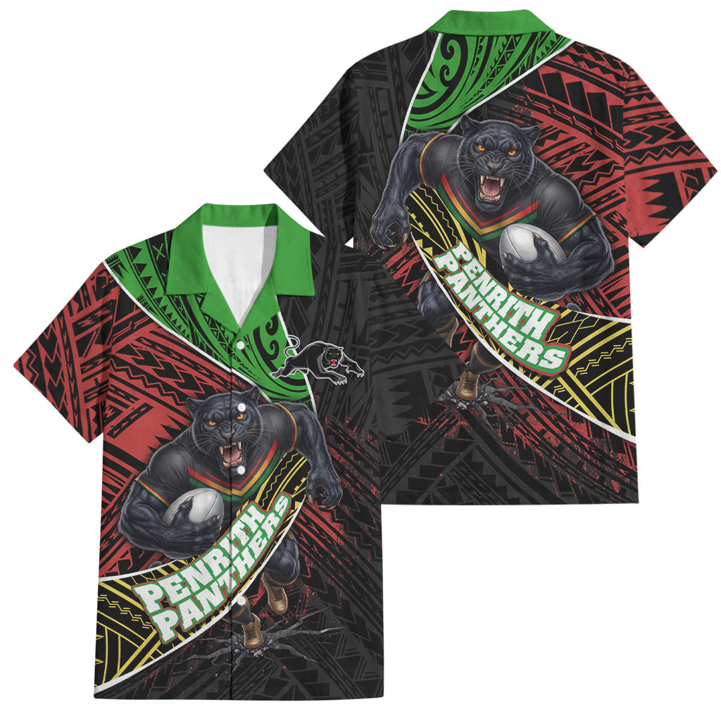 Penrith Panthers Rugby Family Matching Off Shoulder Maxi Dress and Hawaiian Shirt Tribal Polynesian Power Art - Lightning Mascot