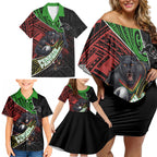 Penrith Panthers Rugby Family Matching Off Shoulder Short Dress and Hawaiian Shirt Tribal Polynesian Power Art - Lightning Mascot