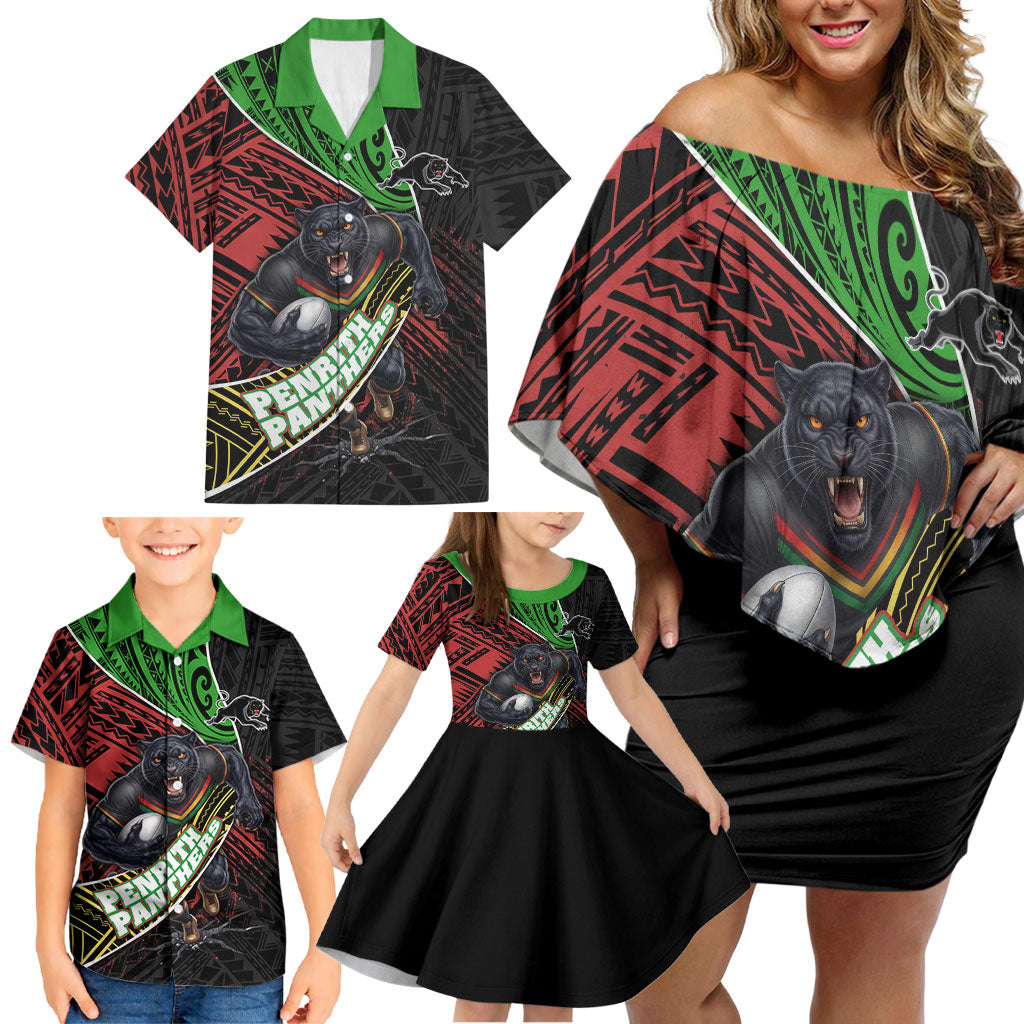 Penrith Panthers Rugby Family Matching Off Shoulder Short Dress and Hawaiian Shirt Tribal Polynesian Power Art - Lightning Mascot