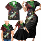 Penrith Panthers Rugby Family Matching Short Sleeve Bodycon Dress and Hawaiian Shirt Tribal Polynesian Power Art - Lightning Mascot