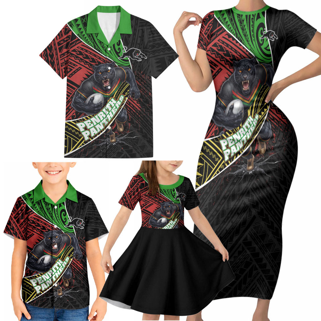 Penrith Panthers Rugby Family Matching Short Sleeve Bodycon Dress and Hawaiian Shirt Tribal Polynesian Power Art - Lightning Mascot