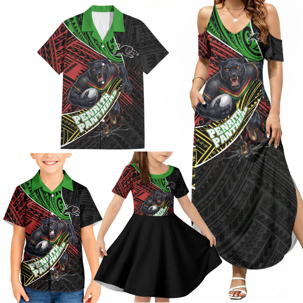 Penrith Panthers Rugby Family Matching Summer Maxi Dress and Hawaiian Shirt Tribal Polynesian Power Art - Lightning Mascot