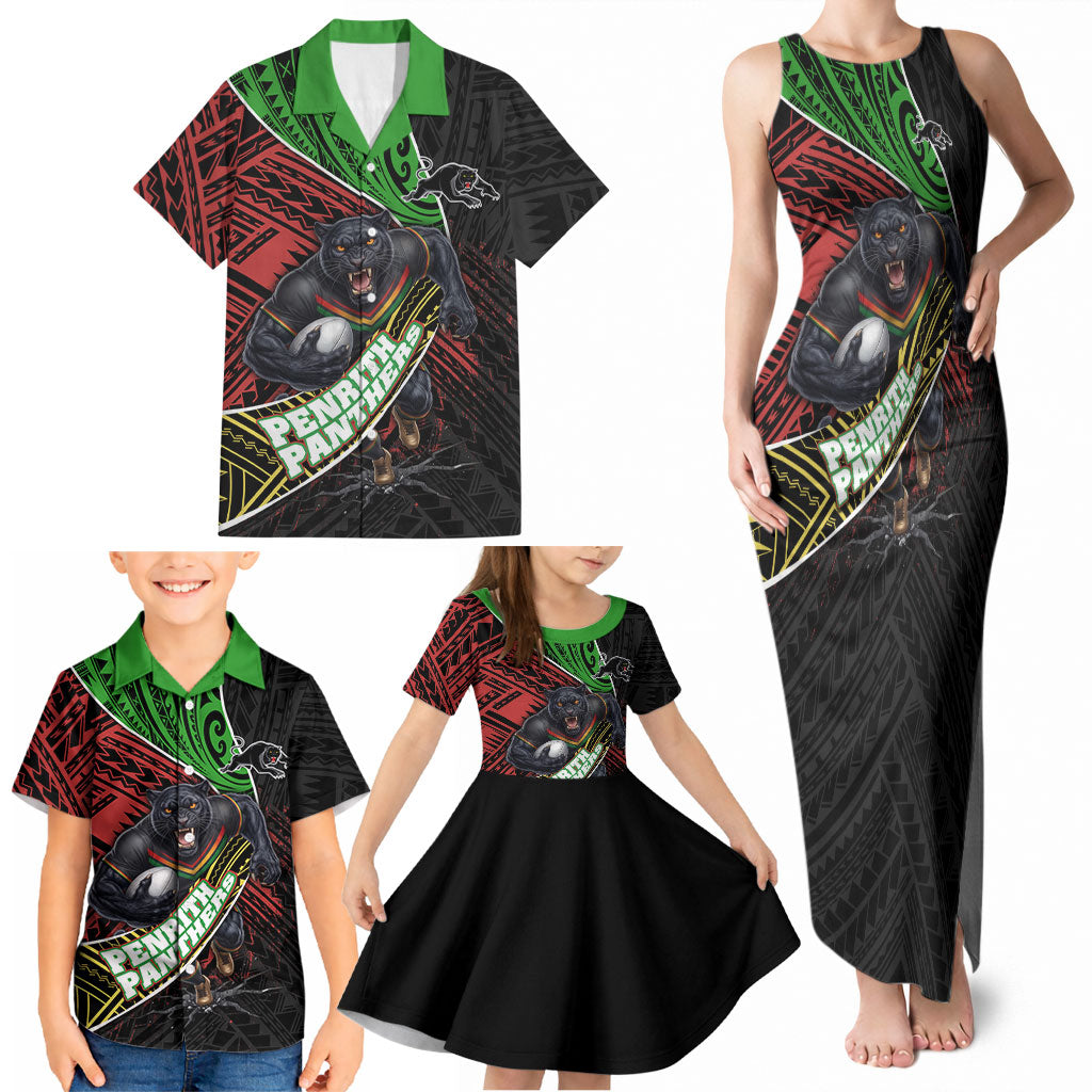 Penrith Panthers Rugby Family Matching Tank Maxi Dress and Hawaiian Shirt Tribal Polynesian Power Art - Lightning Mascot