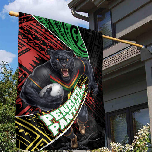 Penrith Panthers Rugby Garden Flag Tribal Polynesian Power Art - Lightning Mascot